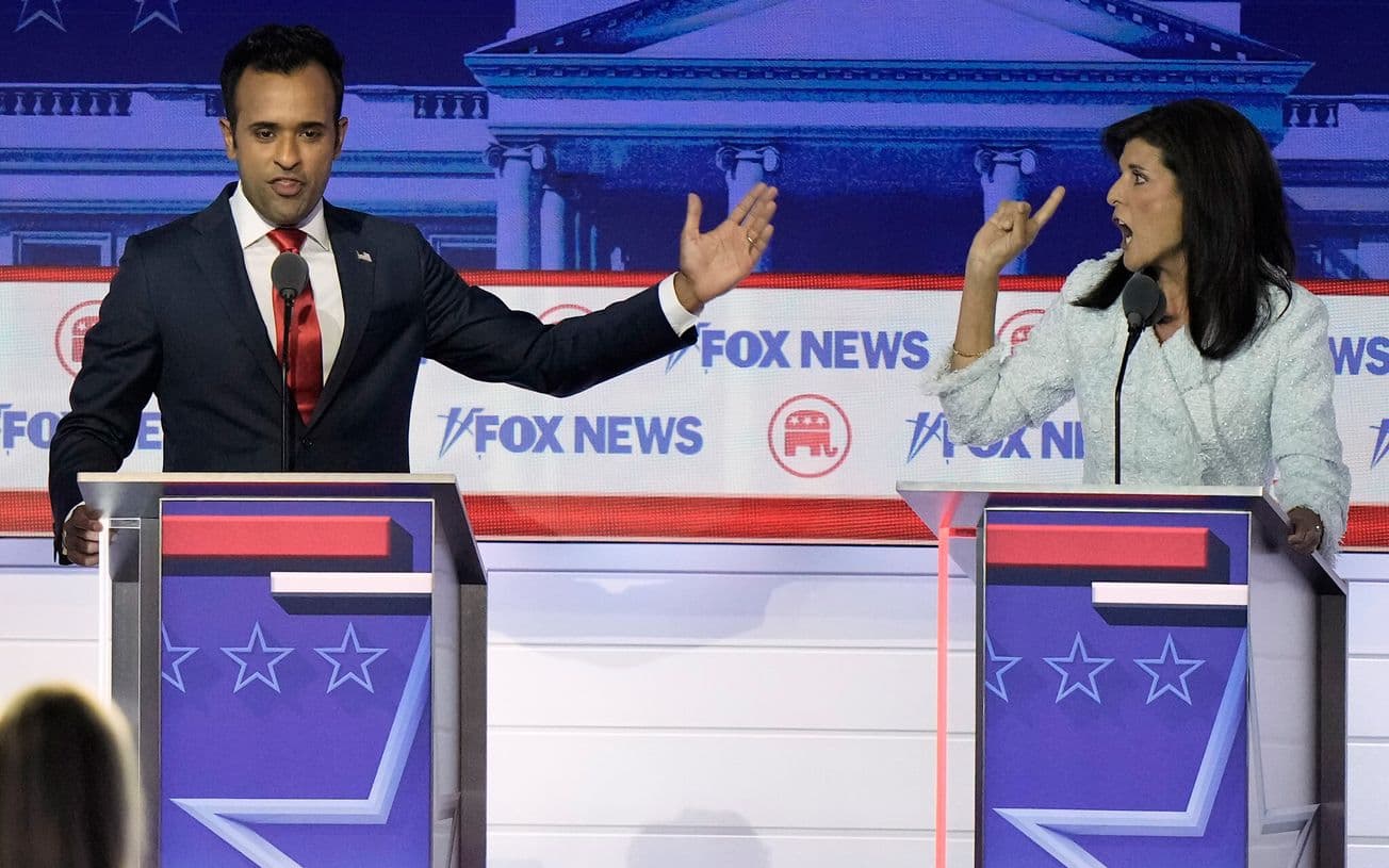 Republican Presidential candidates Vivek Ramaswamy and Nikki Haley spar onstage at the first Republican Presidential debate Aug. 23 evening.