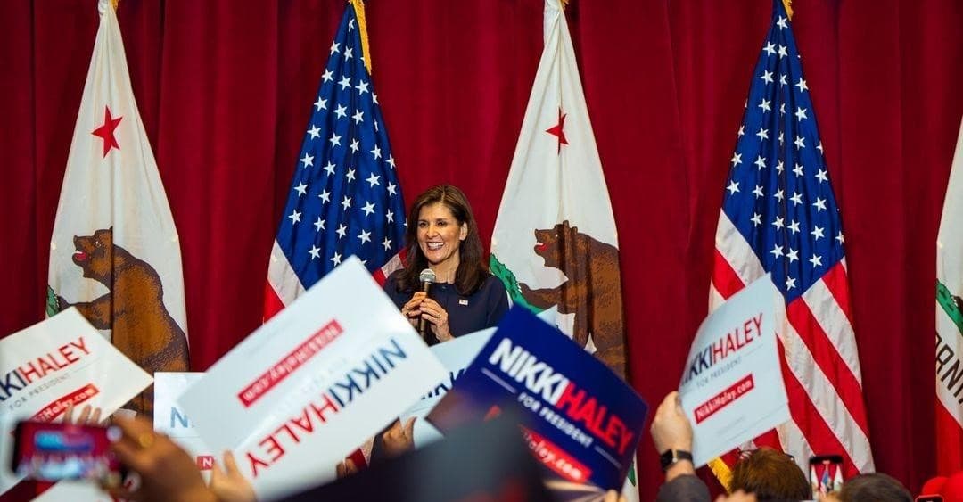 Nikki Haley addressing a rally in Los Angeles, California