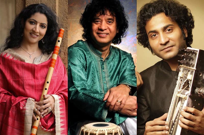 Tabla maestro Zakir Hussain (center) with bansuri player Debopriya Chatterjee (left) and sarangi player Sabir Khan (right) 