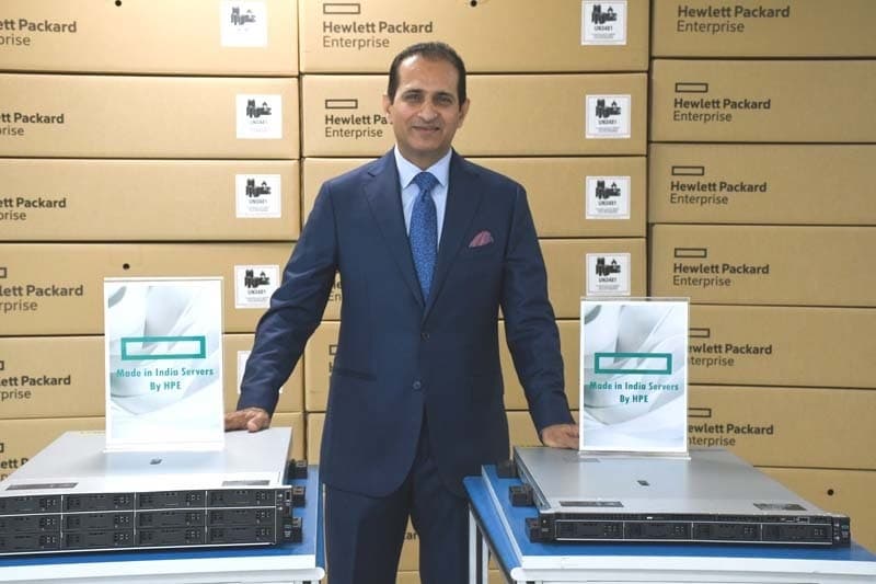 HPE India Managing Director Som Satsangi with made-in-India servers.   