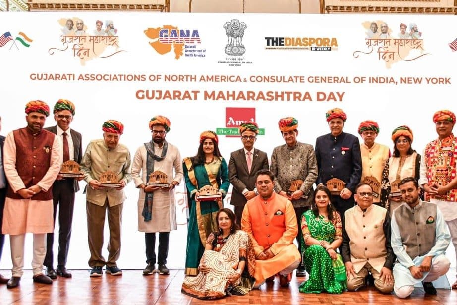 Filled with pride, honorees and sponsors gather, symbolizing the spirit of Gujarat Maharashtra Day