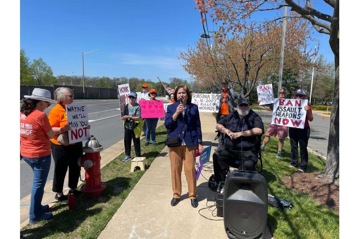 Ghazala Hashmi at a protest held by gun safety advocates in April 2024.