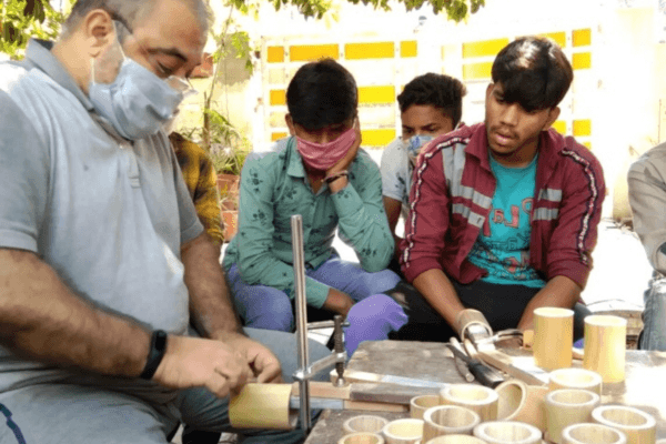 Jhabua youth learn to create bamboo-based products. 