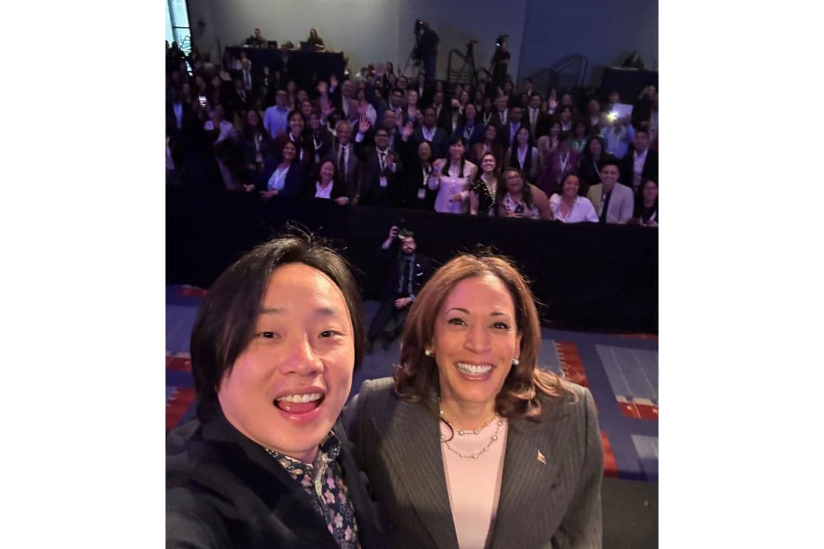 Kamala Harris with stand-up comic Jimmy O Yang at the Asian Pacific American Institute for Congressional Studies’ annual legislative leadership summit.