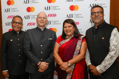 From left to right: Harit Talwar, Co-Chair, AIF Global Board; Michael Miebach, CEO, Mastercard; Falguni Nayar, Founder & CEO, Nykaa; and Nishant Pandey, CEO, AIF. 