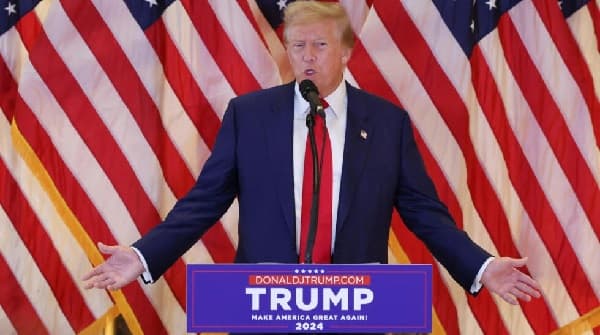 Republican presidential candidate and former US President Donald Trump speaks during a press conference, the day after a guilty verdict in his criminal trial.
