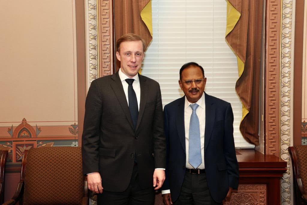 Jake Sullivan with Ajit Doval during a February 2023 meeting. 