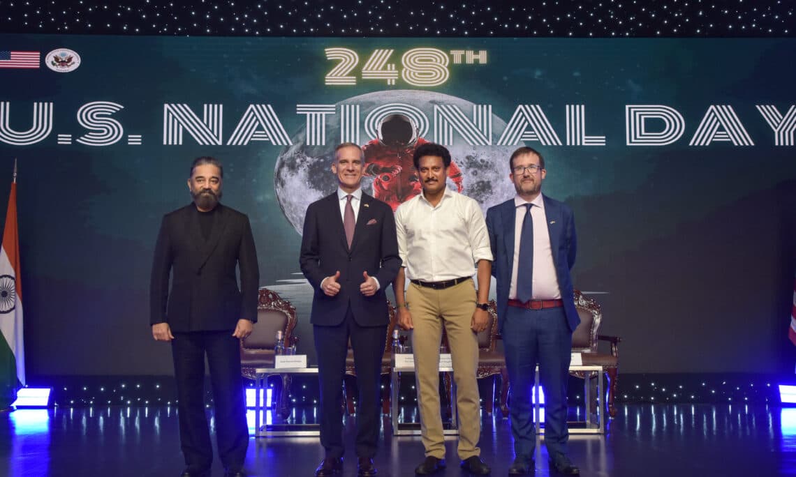 [L-R] Actor Kamal Haasan, U.S. Ambassador to India Eric Garcetti, Tamil Nadu Minister for School Education Anbil Mahesh Poyyamozhi, and U.S. Consul General in Chennai Chris Hodges.