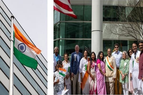 ध्वजारोहण समारोह में GOPIO अधिकारियों के साथ भारतीय वाणिज्य दूत प्रज्ञा सिंह, डेरियन फर्स्ट सेलेक्टमैन जॉन जॉन ज़ाग्रोडज़की और CT प्रतिनिधि मैट ब्लूमेंथल और   राचेल खन्ना।