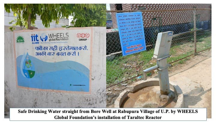 U.P. ના રબુપુરા ગામમાં બોર વેલમાંથી સીધું પીવાનું સુરક્ષિત પાણી. WHEELS ગ્લોબલ ફાઉન્ડેશન દ્વારા ટેરાલટેક રિએક્ટરની સ્થાપના.