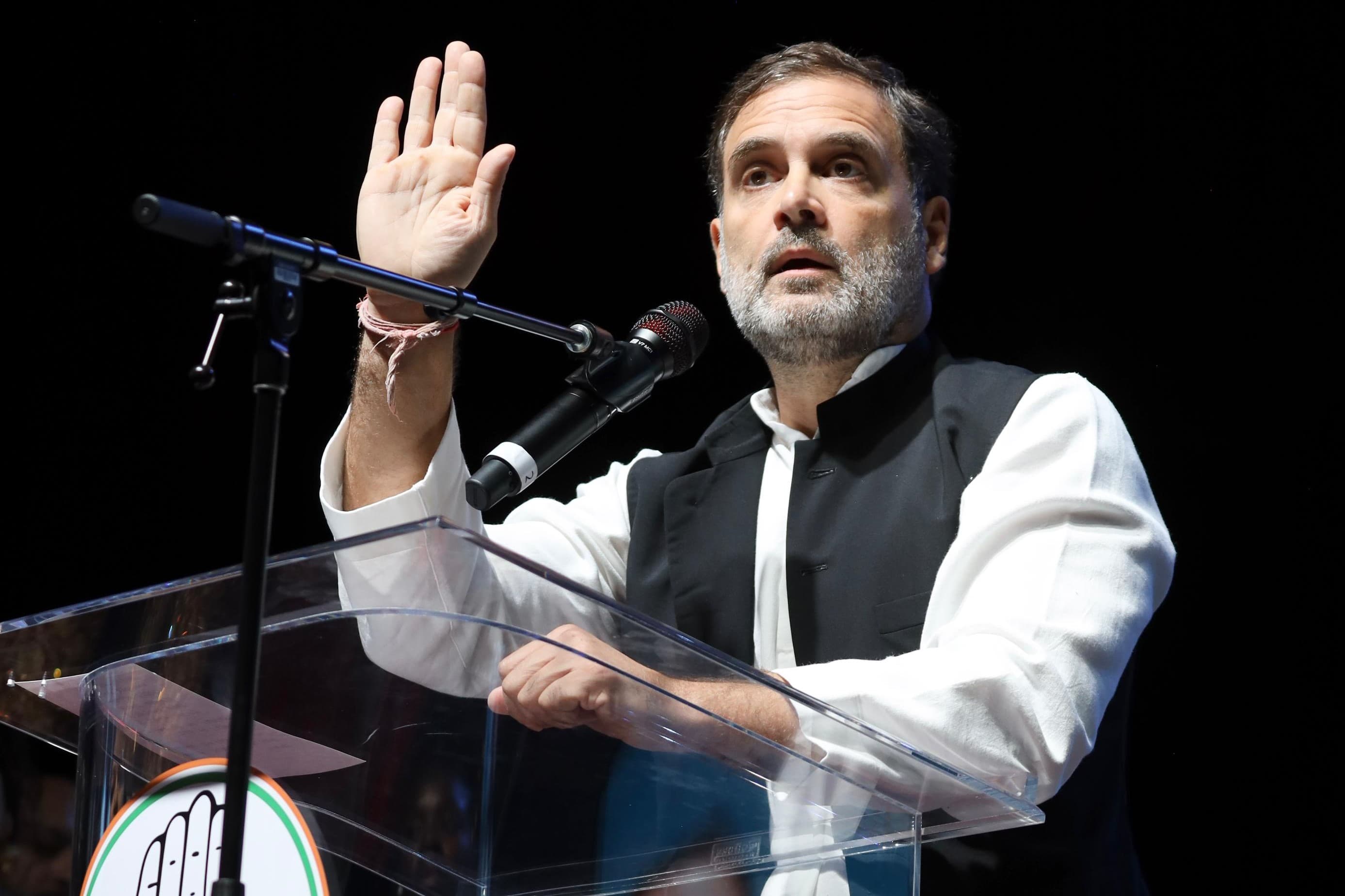 Rahul Gandhi addressing the Indian diaspora in Dallas.