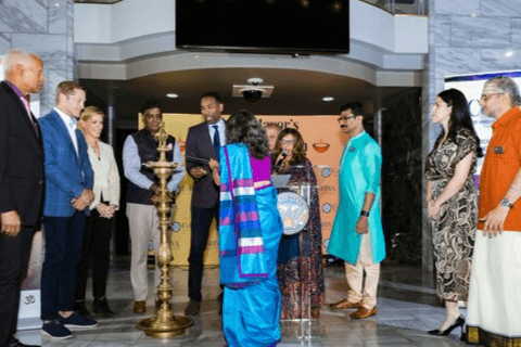 Atlanta’s Mayor lights the traditional lamp for Diwali. Onstage with him are Congressman Rich McCormick (R-GA), Congressman Hank Johnson (D-GA), Congresswoman Beth Van Duyne (R-TX), the Consul General of India Ramesh Babu Lakshmanan and CoHNA’s leadership team.  