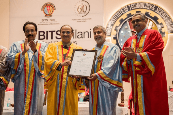 Sanjay Mehrotra, President & CEO, Micron Technology (second from right) receiving his Honorary PhD from Prof. Ramgopal Rao, Group Vice-Chancellor, BITS Pilani. Dr. S. Somanath, Chairman, ISRO (extreme left), Prof. Sudhirkumar Barai, PhD, Director, BITS Pilani Campus (extreme right).