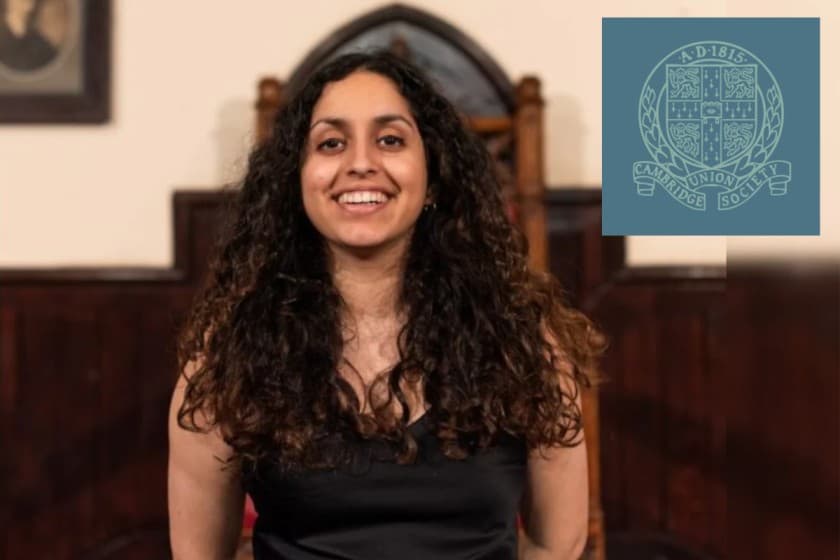 Anoushka Kale and the logo of the Cambridge Union