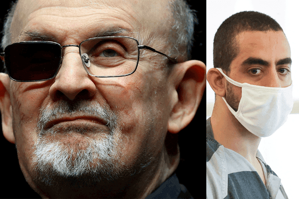 Author Salman Rushdie(L) was left blind in one eye after Hadi Matar (R) attacked him in New York in 2022.