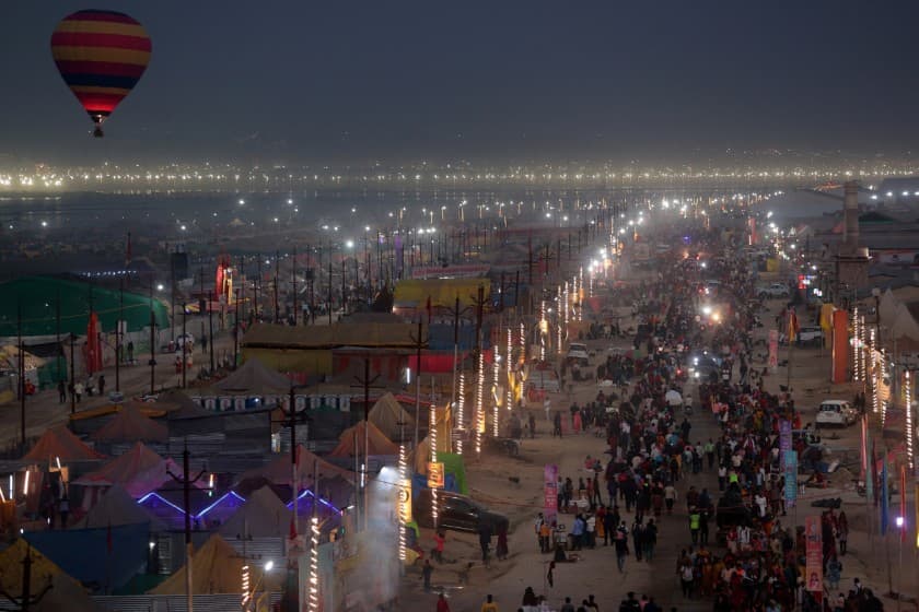 An evening view of Arail Ghat on the banks of Yamuna River during the 