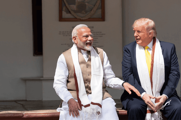 President Donald J. Trump joins Indian Prime Minister Narendra Modi in conversation during their visit to the home of Mohandas Gandhi Monday, Feb. 24, 2020, in Ahmedabad, India.