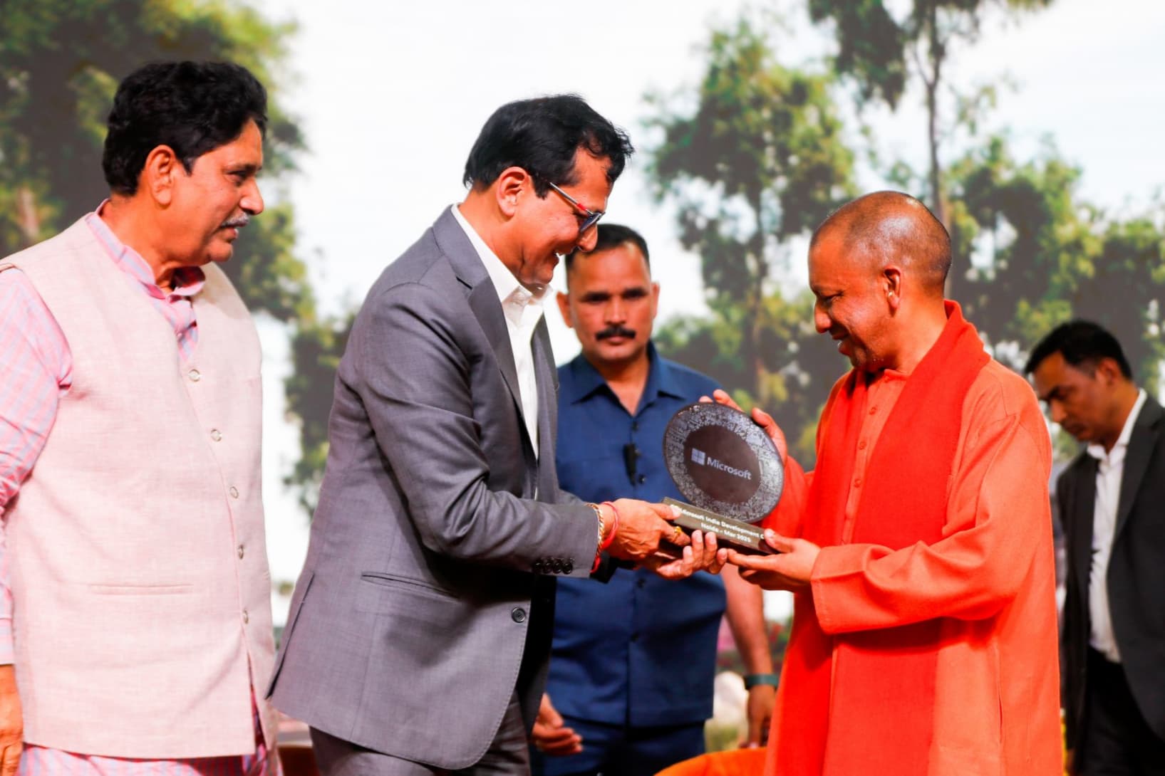 Rajiv Kumar, Managing Director and President, Microsoft India Development Centre (IDC) and Uttar Pradesh Chief Minister Yogi Adityanath celebrate the groundbreaking ceremony of IDC’s campus in Noida sector 145 on March 8, 2025.