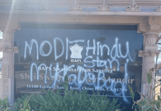Vandalized wall of the BAPS Shri Swaminarayan Mandir, CA.