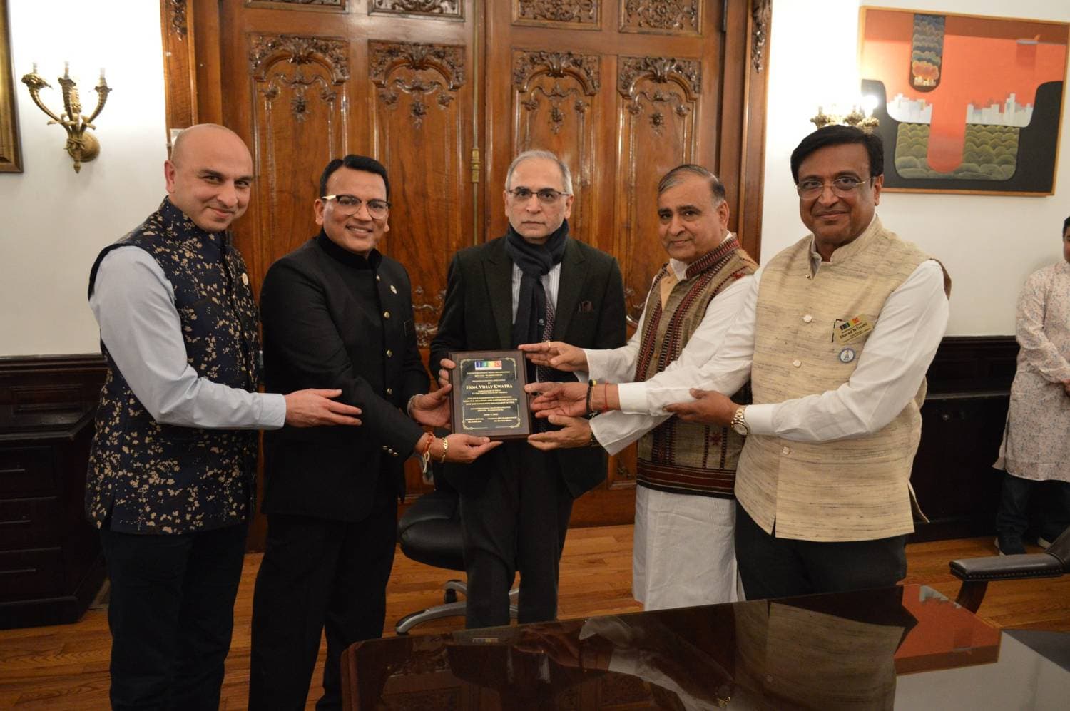 Rahul Jain, Bhupesh Mehta, Ambassador Vinay Mohan Kwatra, Dr. Sushil Jain, and Sharad Doshi