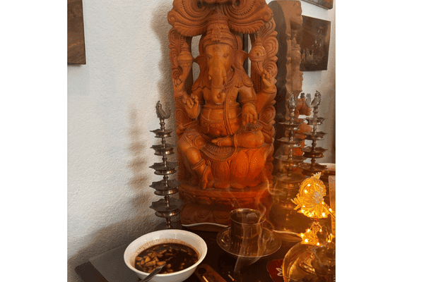 Ugadi Pachadi offered to Lord Ganesha at Bhavya's home.