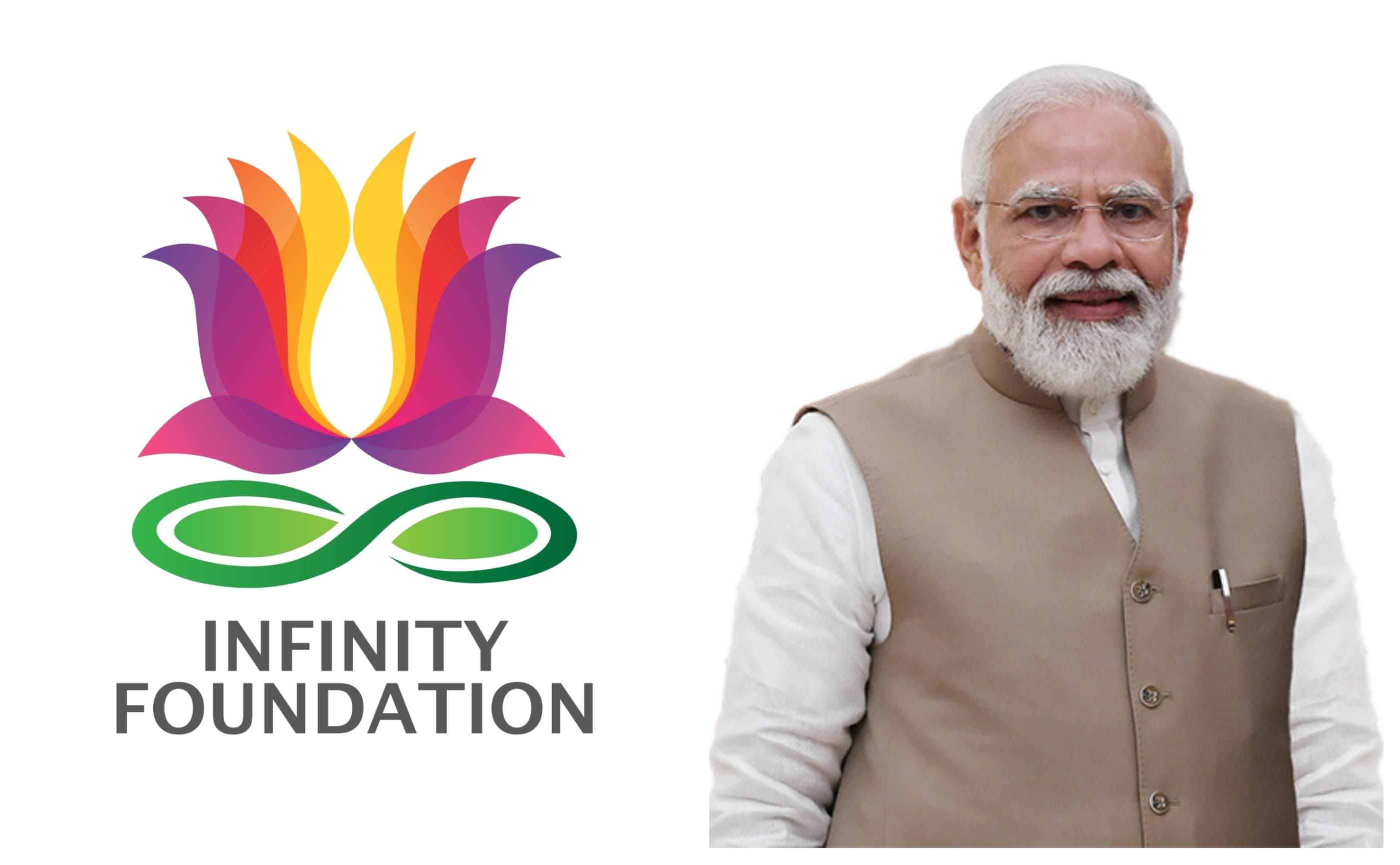 Infinity Foundation logo and Prime Minister Narendra Modi.