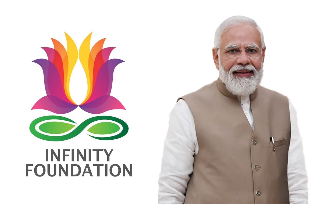 Infinity Foundation logo and PM Narendra Modi