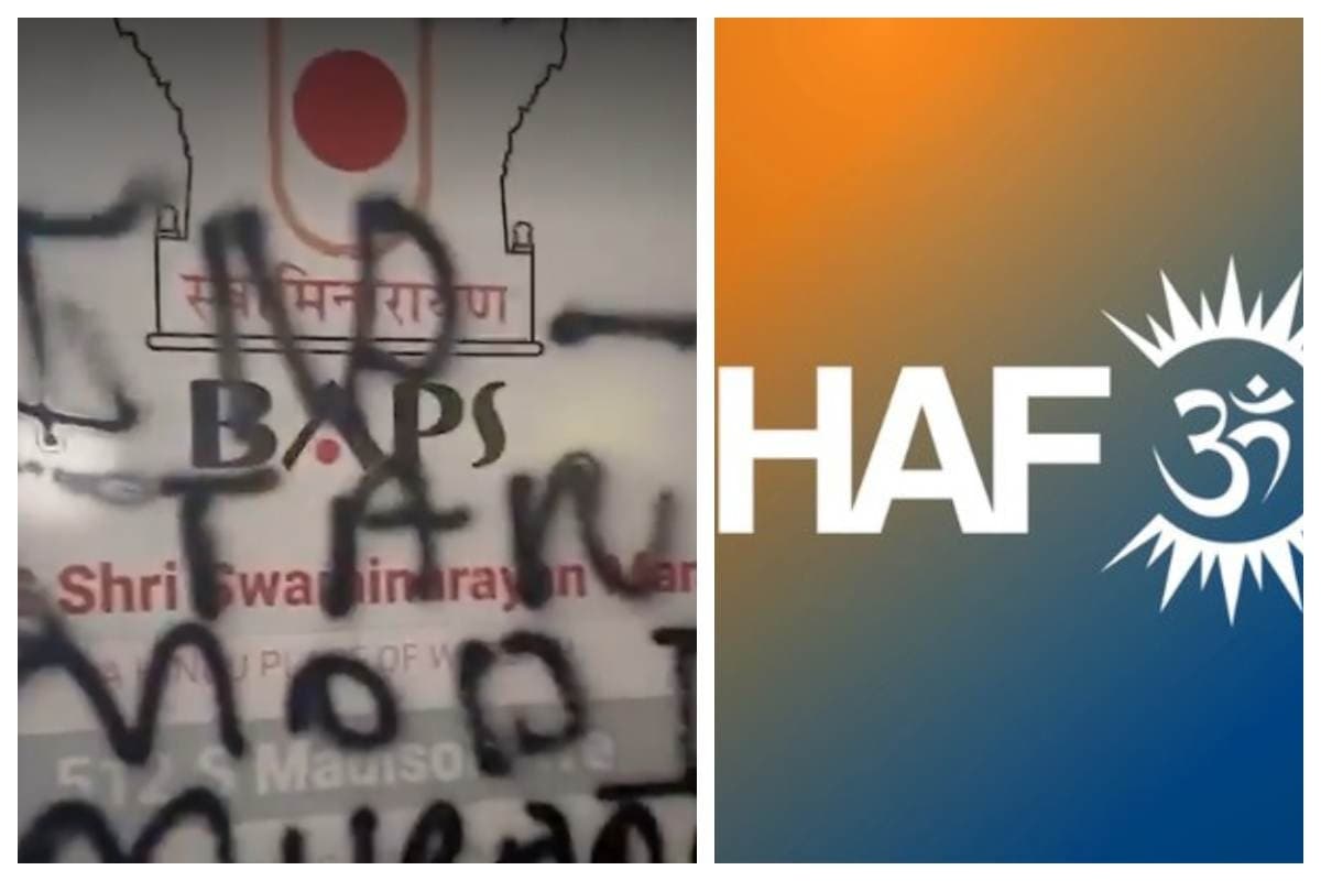 Grab from a video posted by HAF shows vandalized BAPS temple in Indiana; (right) HAF logo.