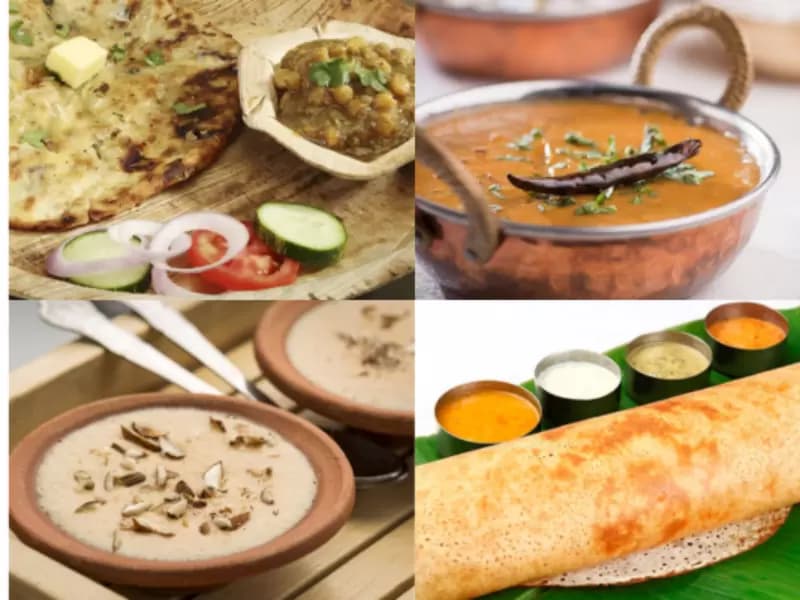 (Top L-R) Amritsari kulcha, Dal Makhni, (Bottom L-R) Phirni and Dosa