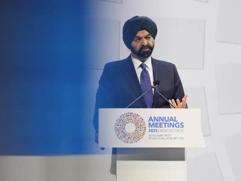 World Bank President Ajay Banga speaks during the IMF/World Bank annual meetings in Washington, D.C., U.S., October 17, 2025. 