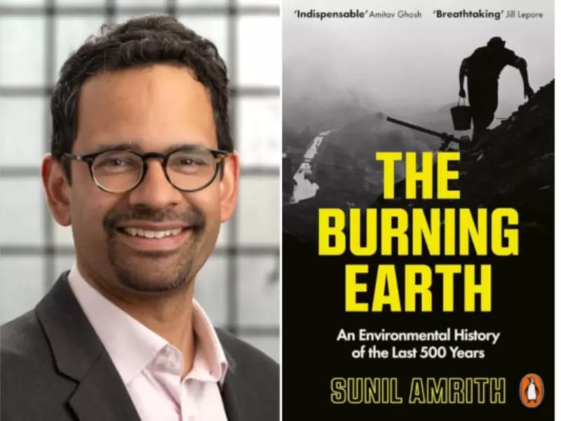 સુનીલ અમરીથ અને 'The Burning Earth' પુસ્તકનું કવર પેજ