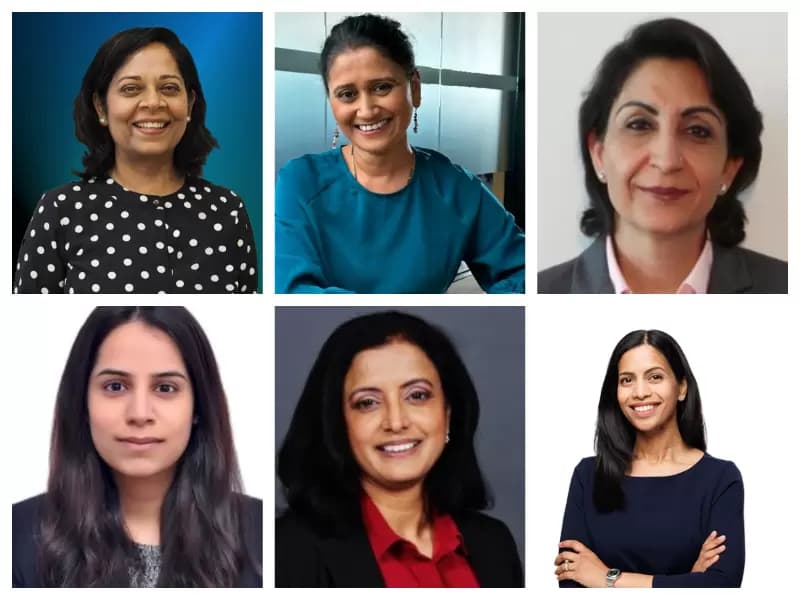 क्लॉकवाइज: IBM की मधु कोचर, सेज की अरविंदा गोलापुडी, अर्ली वार्निंग सर्विसेज की विशलेशा पाटिल, जीई हेल्थकेयर की गुरप्रीत कौर, बोनटेर्रा की तनुजा कोरलेप्रा, सेज में प्लेटफॉर्म बिजनेस यूनिट की प्रमुख अरविंदा गोलापुडी और वेल्स फार्गो की किरण कौर।
