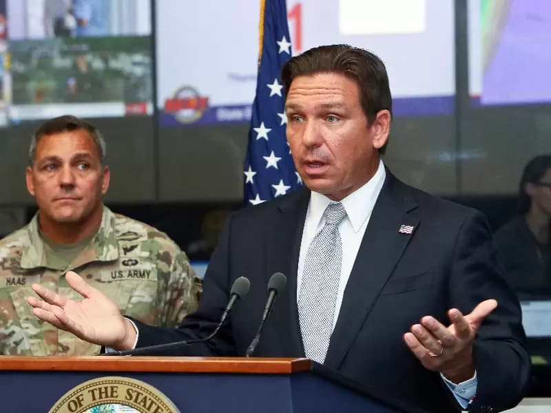 FILE PHOTO: Florida Governor Ron DeSantis speaks about Hurricane Helene as Adjutant General of Florida Major General John Haas looks on during a press briefing at the Emergency Operations Center in Tallahassee, Florida, U.S., September 26, 2024. 