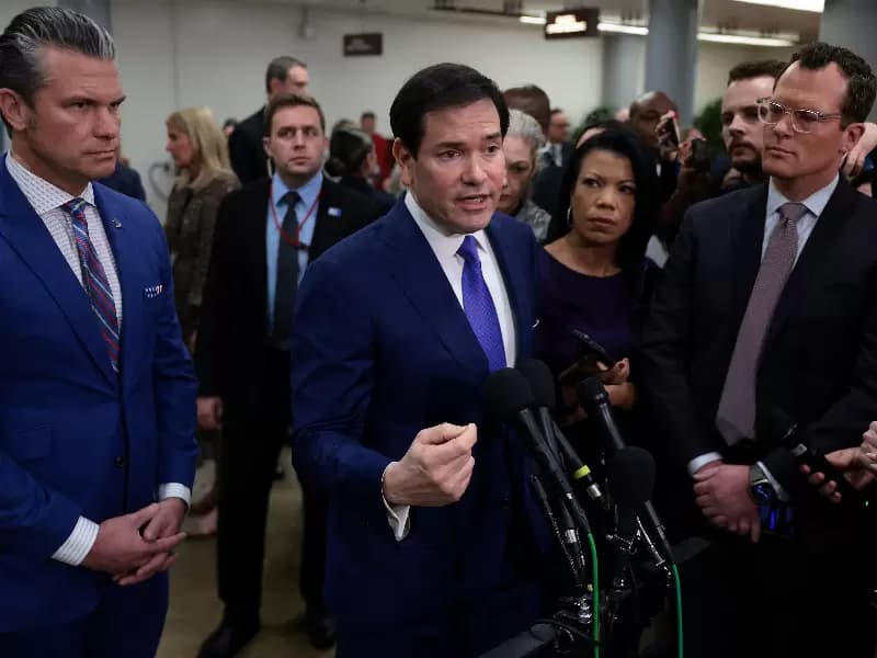 U.S. Secretary of State Marco Rubio speaks to the members of the media on the day of a briefing for the House of Representatives on the situation in Venezuela, on Capitol Hill in Washington, D.C., U.S., January 7, 2026. 