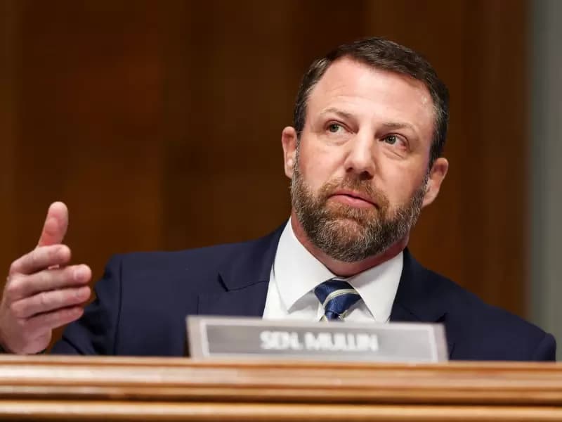 FILE PHOTO: U.S. Senator Markwayne Mullin (R-OK) attends a Senate Health, Education, Labor, and Pensions Committee confirmation hearing for Casey Means, nominated to serve as the next U.S. Surgeon General, on Capitol Hill in Washington, D.C., U.S., February 25, 2026.