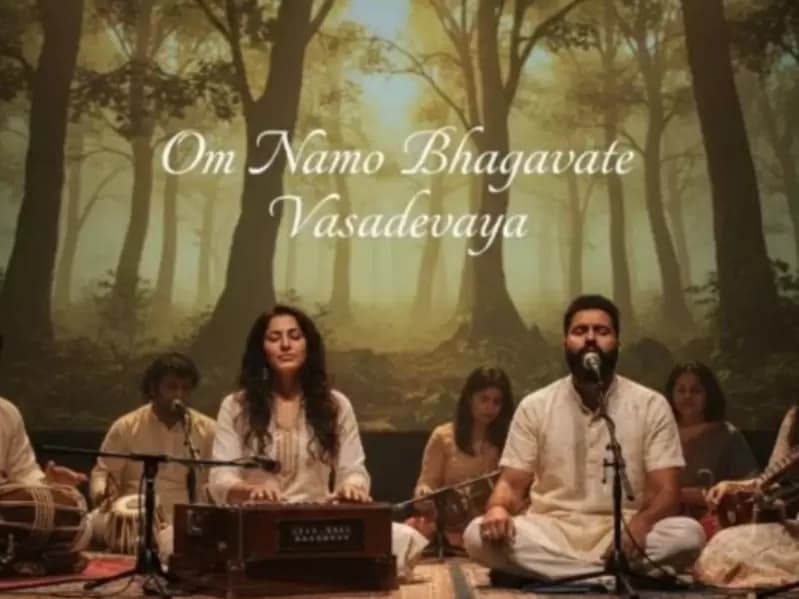 कीर्तनकार जाहन्वी हैरिसन और उनकी मंडली ओम नमो भगवते वासुदेवाय का जाप करते हुए। 