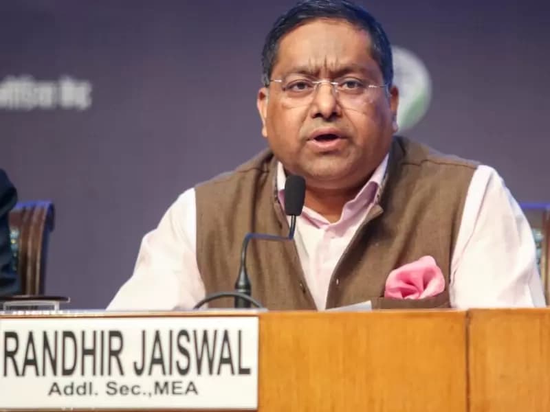 MEA Official Spokesperson Randhir Jaiswal speaks during an inter-ministerial briefing on recent developments in West Asia at the National Media Centre in New Delhi on Monday, March 16, 2026.