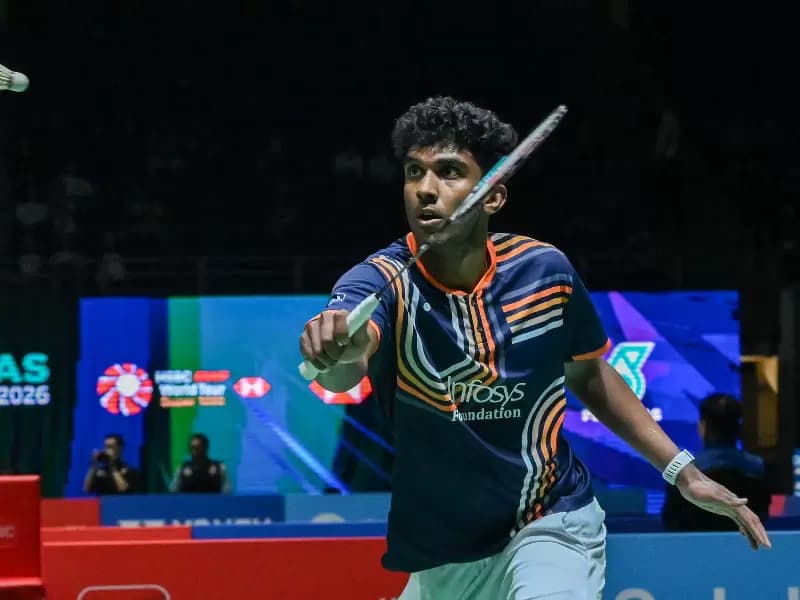 Kuala Lumpur: Ayush Shetty of India hits a return during the men’s singles round of 16 match against Shi Yuqi of China at the Malaysia Open 2026 badminton tournament in Kuala Lumpur, Malaysia, on Thursday, January 8, 2026.