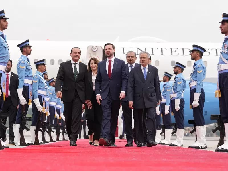 U.S. Vice President JD Vance, walks with Pakistan's Chief of Defence Forces and Chief of Army Staff Field Marshal Asim Munir, Pakistani Deputy Prime Minister and Foreign Minister Mohammad Ishaq Dar, Charge d'Affaires of the U.S. Embassy in Islamabad Natalie A. Baker, and Pakistan's Interior Minister Mohsin Raza Naqvi, after arriving for talks with Iranian officials in Islamabad, Pakistan, Saturday, April 11, 2026.