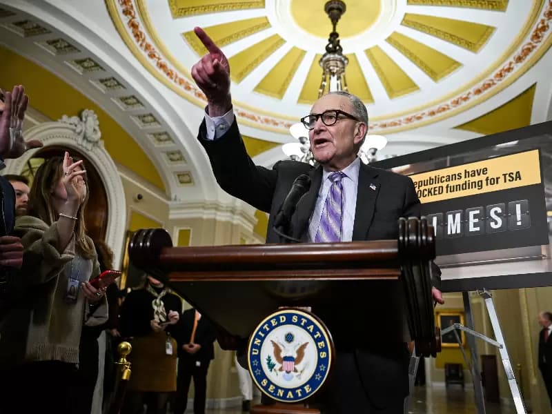 U.S. Senate Minority Leader Chuck Schumer (D-NY) takes questions at a press conference following the Democratic weekly policy lunch on Capitol Hill in Washington, D.C., U.S., March 24, 2026.