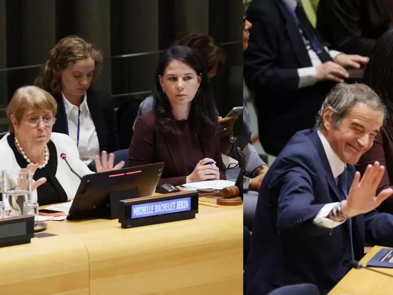 Candidates Michelle Bachelet and Rafael Grossi during the debate for United Nations secretary General