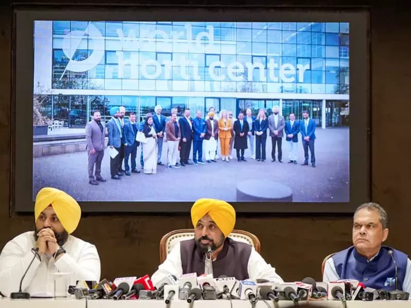 Punjab Chief Minister Bhagwant Mann addresses the media.