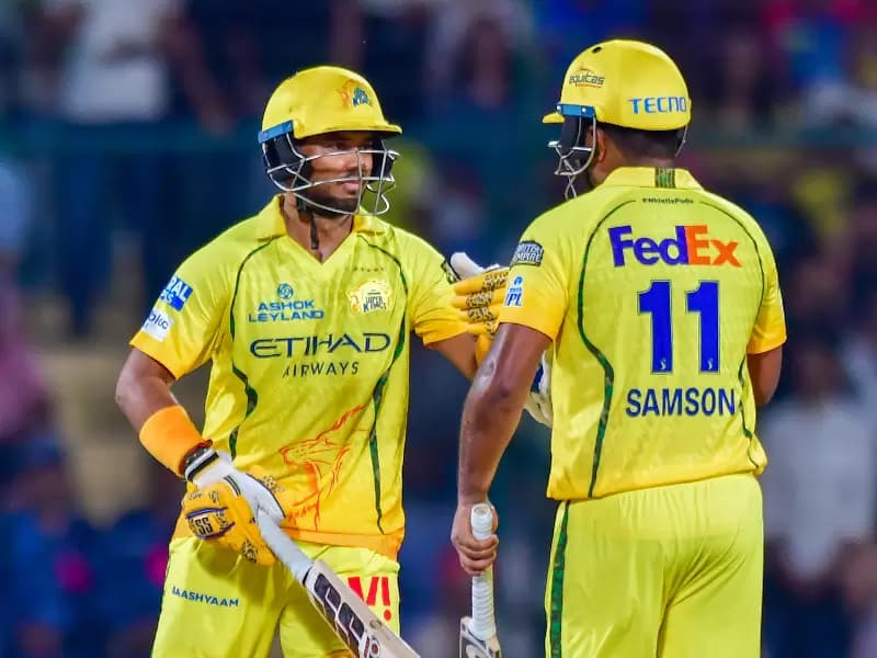 Chennai Super Kings’ Sanju Samson and Kartik Sharma celebrate their team’s eight-wicket win during the Indian Premier League 2026 match between Chennai Super Kings and Delhi Capitals at Arun Jaitley Stadium, in New Delhi on Tuesday, May 5, 2026. 