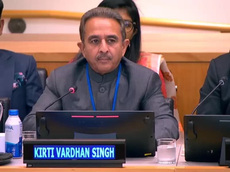 Kirti Vardhan Singh, minister of state for External Affairs, speaks at the International Migration Review Forum at the United Nations in New York on Tuesday, May 5, 2026. 