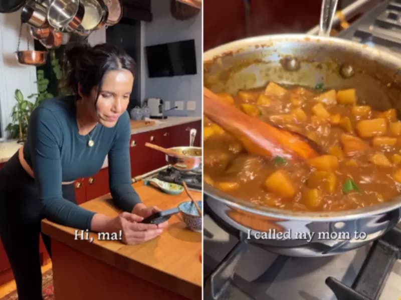 Padma Lakshmi cooking the recipe