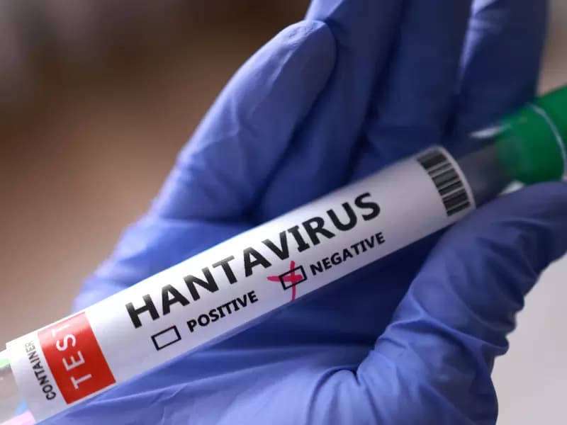 A test tube labelled "Hantavirus negative" is held in this illustration taken May 7, 2026. 