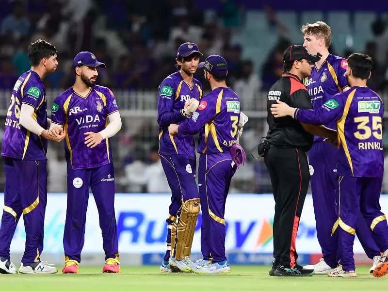 Kolkata Knight Riders' players celebrate after winning the Indian Premier League (IPL) 2026 match against Gujarat Titans at Eden Gardens in Kolkata on Saturday, May 16, 2026.