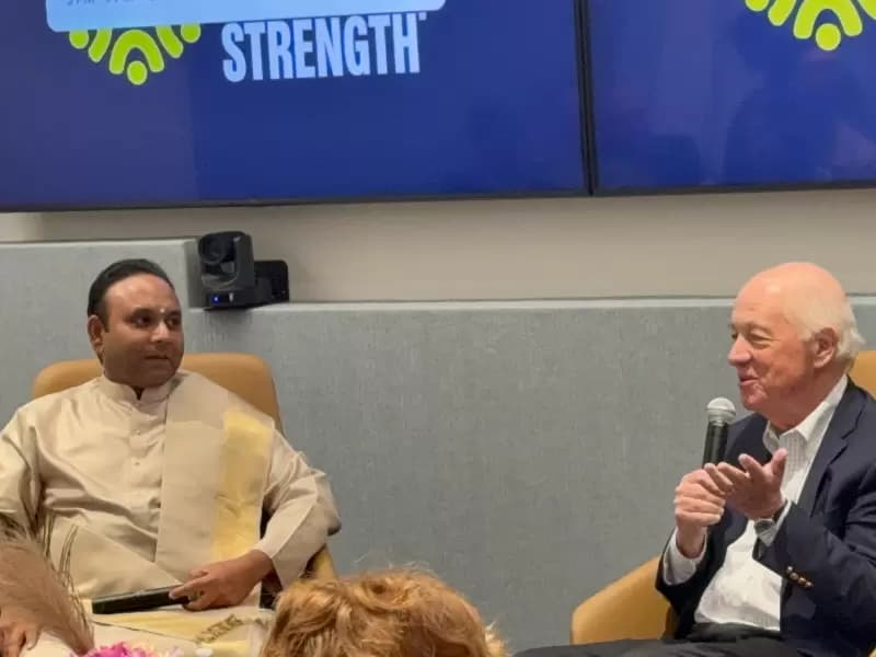  Billy Shore, founder and executive chair of Share Our Strength speaking at the event also seen is Madhusudan Sai, founder of the One World One Family Mission