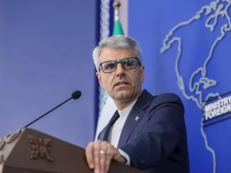 Iranian Foreign Ministry spokesperson Esmail Baqaei speaks during a press briefing in Tehran