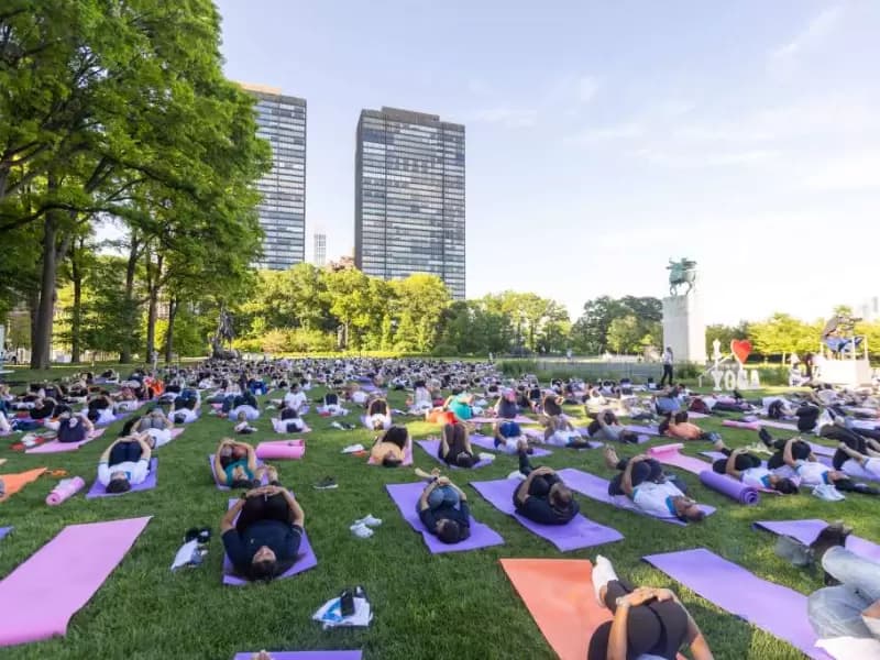 Participants take part in the 12th International Day of Yoga celebration at United Nations Headquarters in New York on June 18, 2026